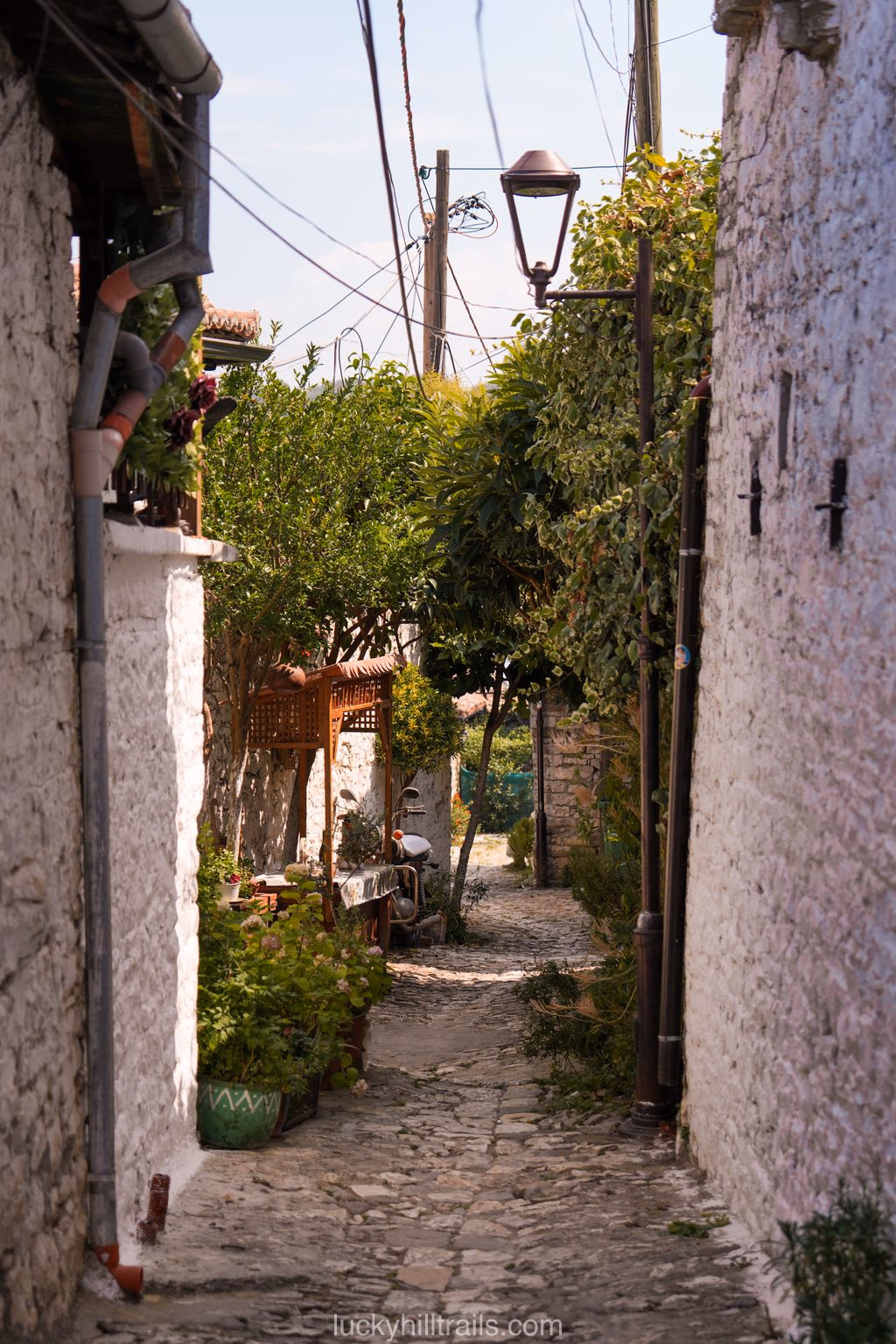 A narrow stone alley with green trees and a lantern inside Berat Castle