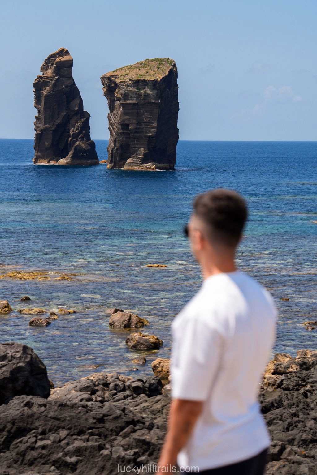 Rocky islets of Ilhéus dos Mosteiros in the ocean, Mosteiros beach, São Miguel island, Azores