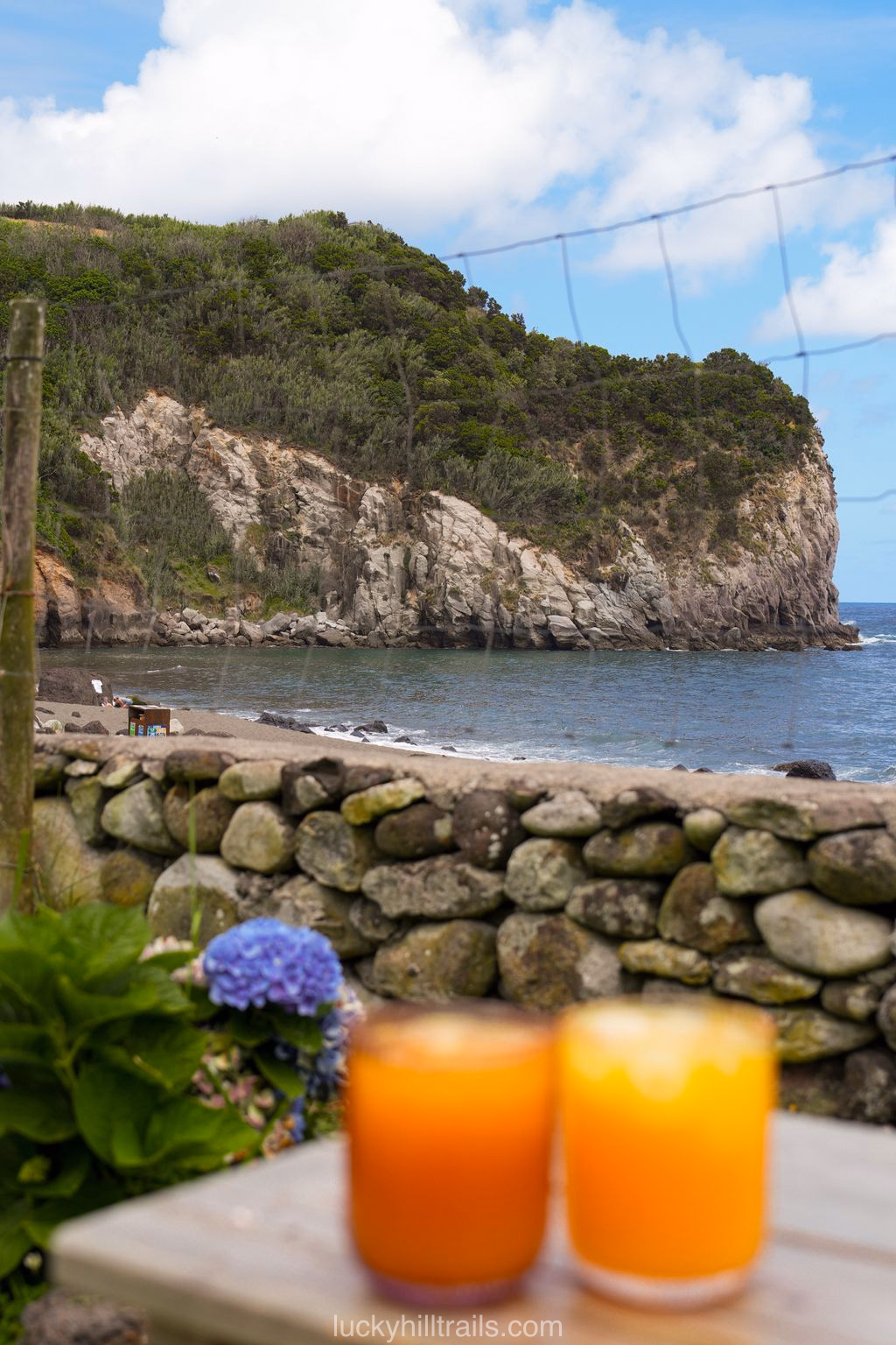 Praia dos Moinhos beach with the Os Moinhos Lounge Garden bar, São Miguel island, Azores