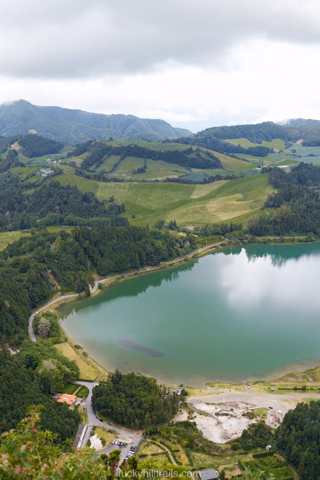 View of the volcanic Lagoa das Furnas lake and Furnas village from Pico do Ferro viewpoint, Azores