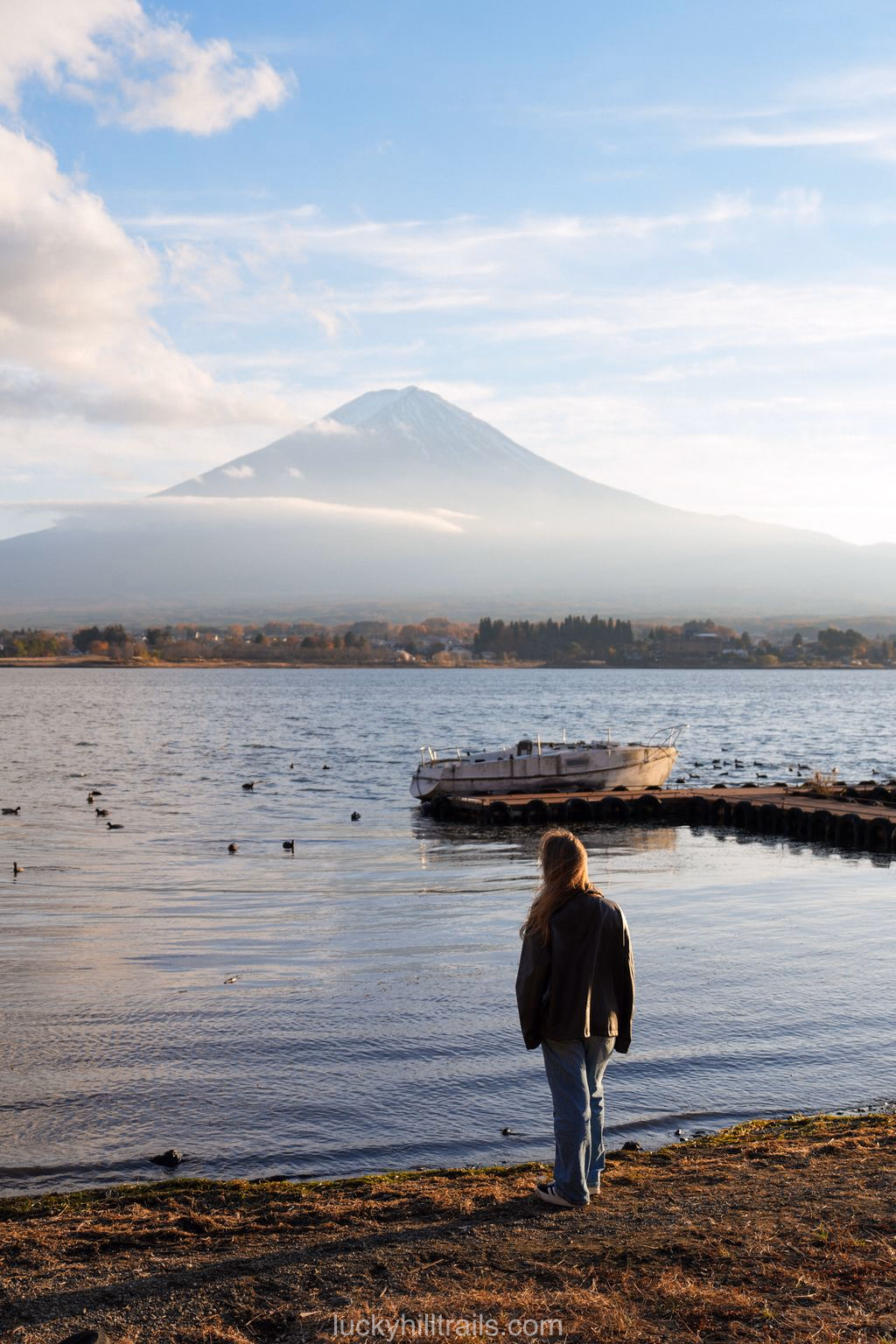 Pier on Kawaguchiko Lake with a view of Mount Fuji, Japan