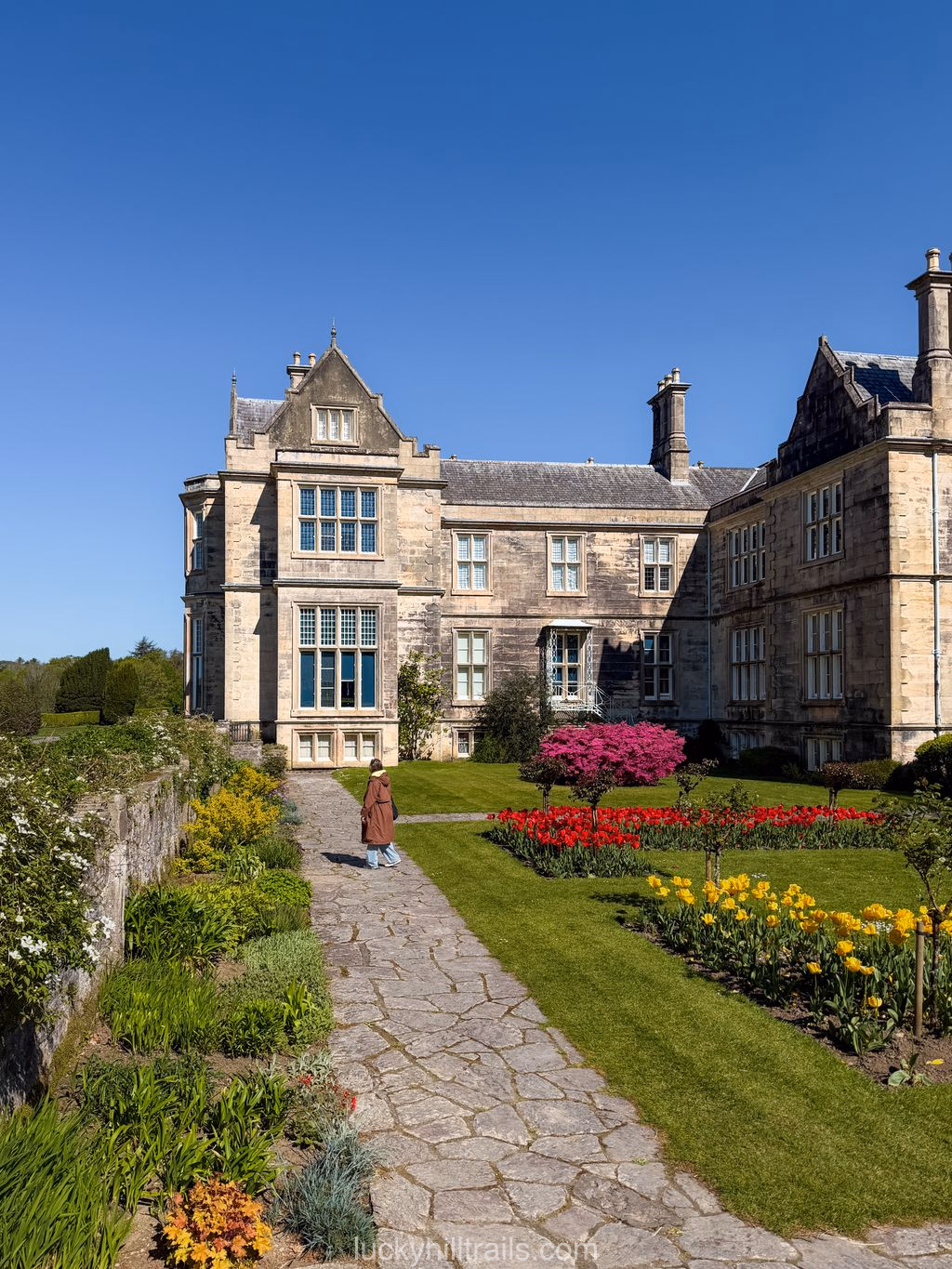 Facade of Victorian Muckross House with a blooming garden and bright tulips and azaleas, Killarney, Ireland
