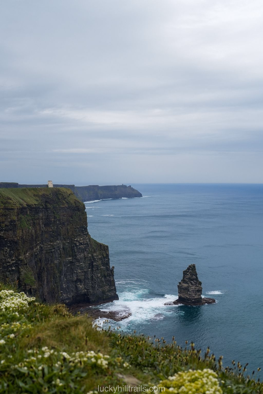 Cliffs of Moher with O'Brien's Tower and a sea stack visible, shot from the bay side, Clare, Ireland