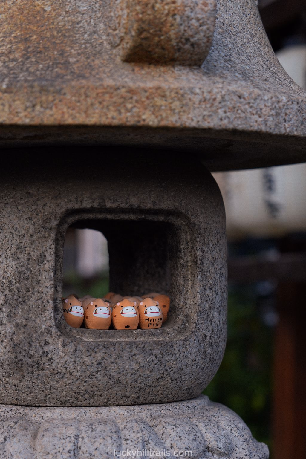 Small boar figurines in a stone lantern at Zenkyo-an Temple, Kyoto