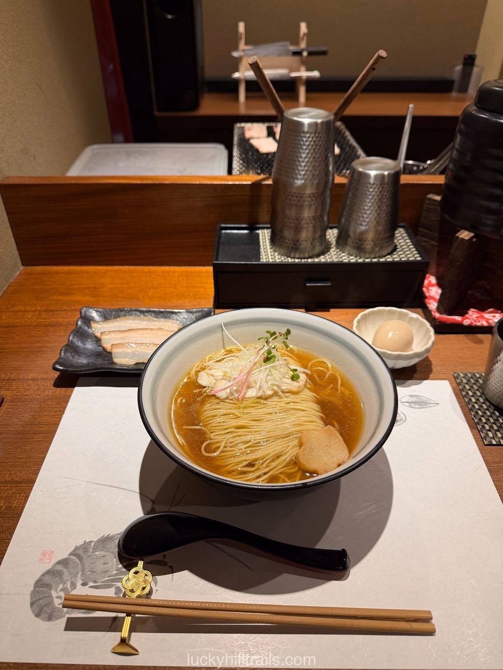 Bowl of ramen with clear broth and thin noodles at Gion Rinrin restaurant, Kyoto