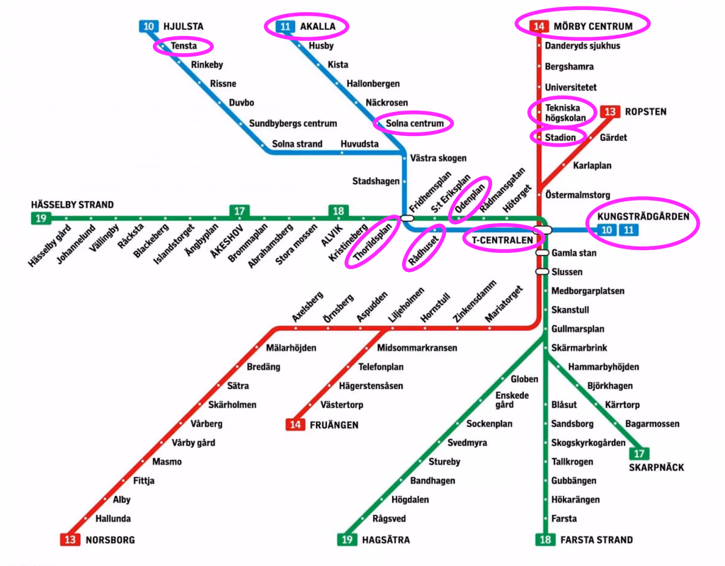 Stockholm metro map with highlighted stations