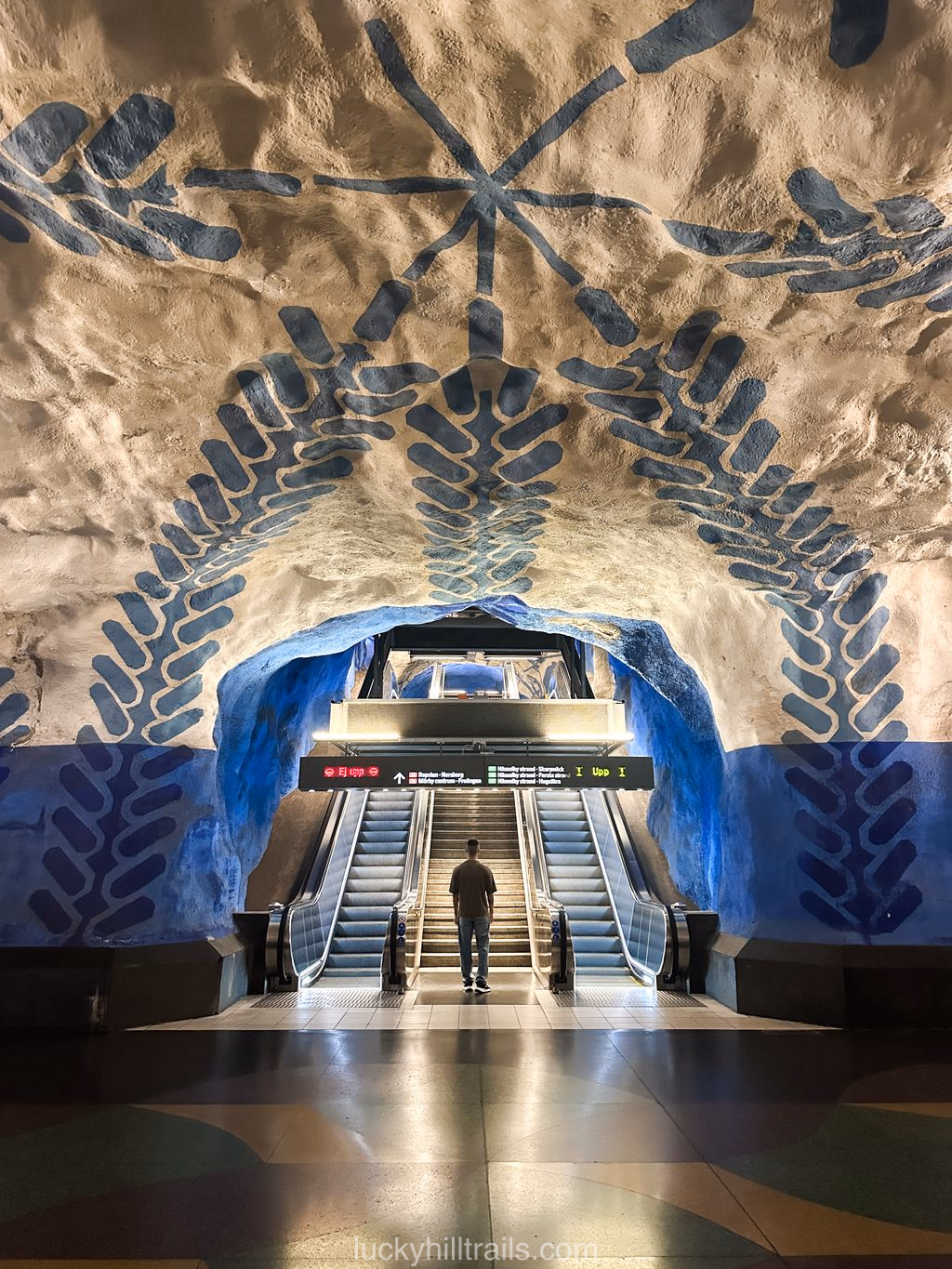 Blue-and-white frescoes at T-Centralen station in the Stockholm metro