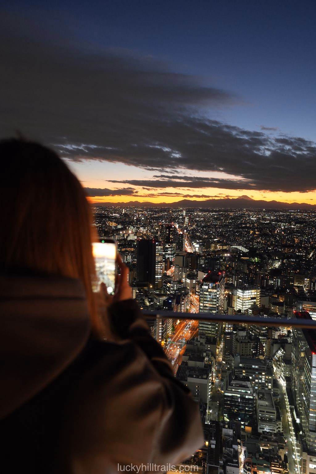 Shibuya Sky observation deck with Tokyo panorama at sunset